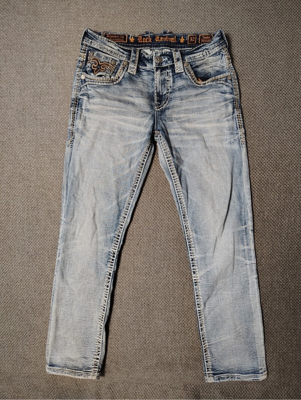 Rock Revival Tonka Straight Leg Jeans Mens Size 32 Thick Stitch Fleur De Lis